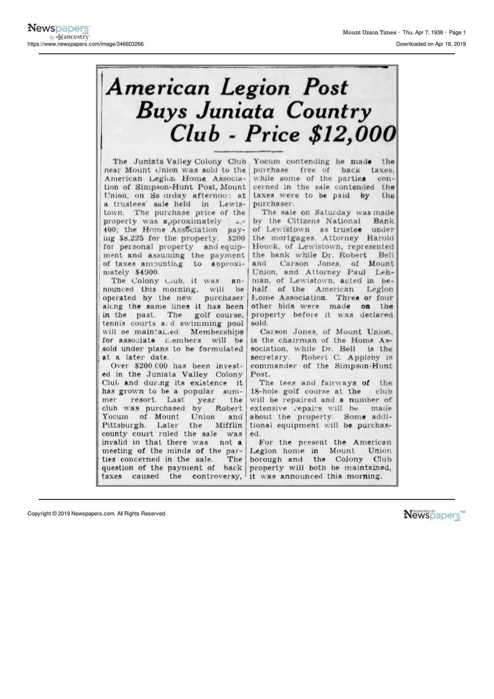1938 newspaper coverage of the American Legion purchase
