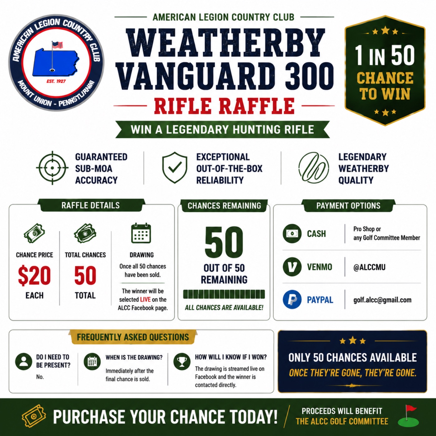 Weatherby Vanguard 300 rifle raffle: $20 per chance, 50 chances total
