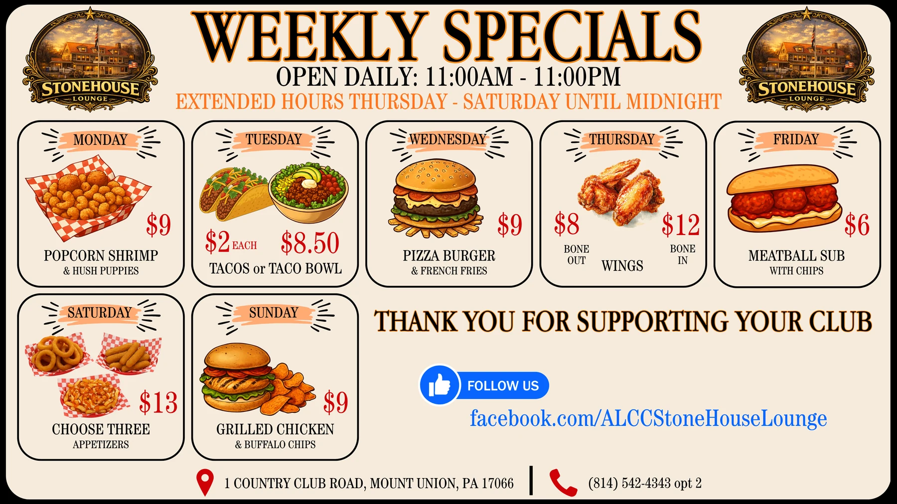StoneHouse Lounge weekly specials