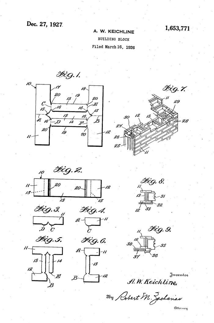 Keichline's 1927 patent drawing for the K Brick
