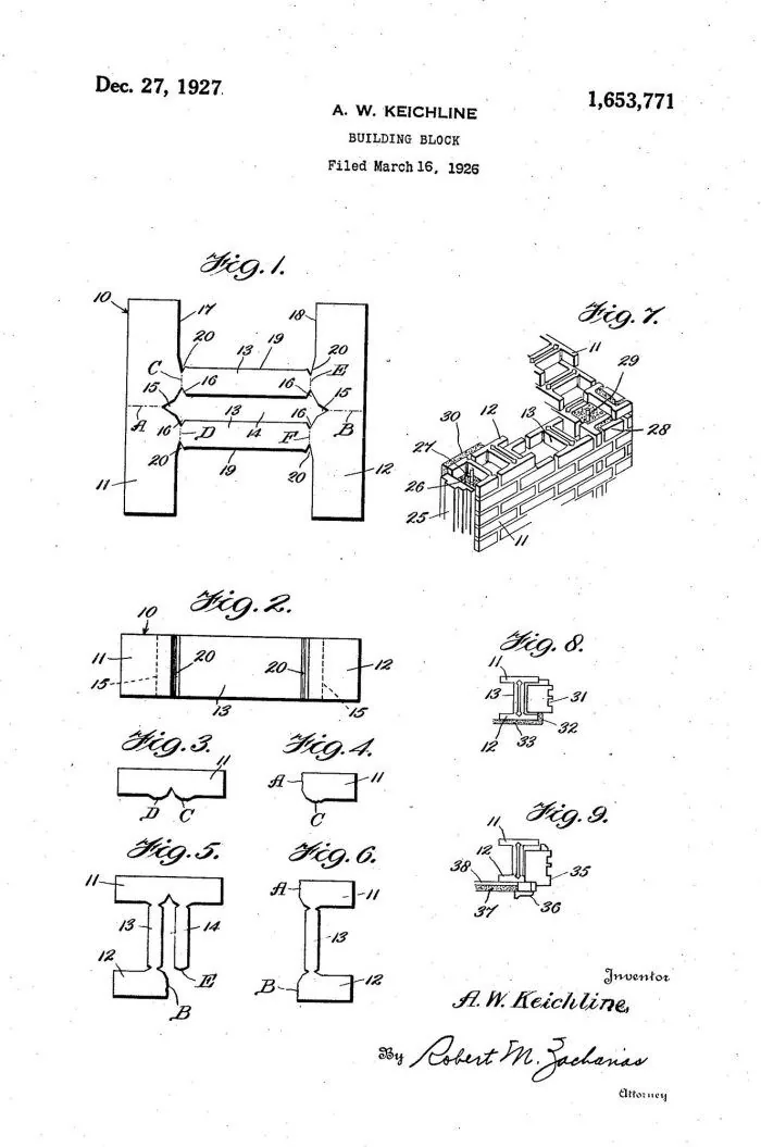 Keichline's 1927 patent drawing for the K Brick